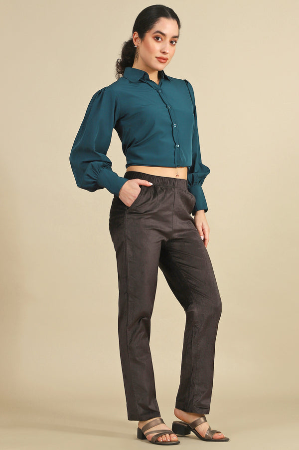 Brown Solid Straight-fit Cotton Pants with Slip-On Closure