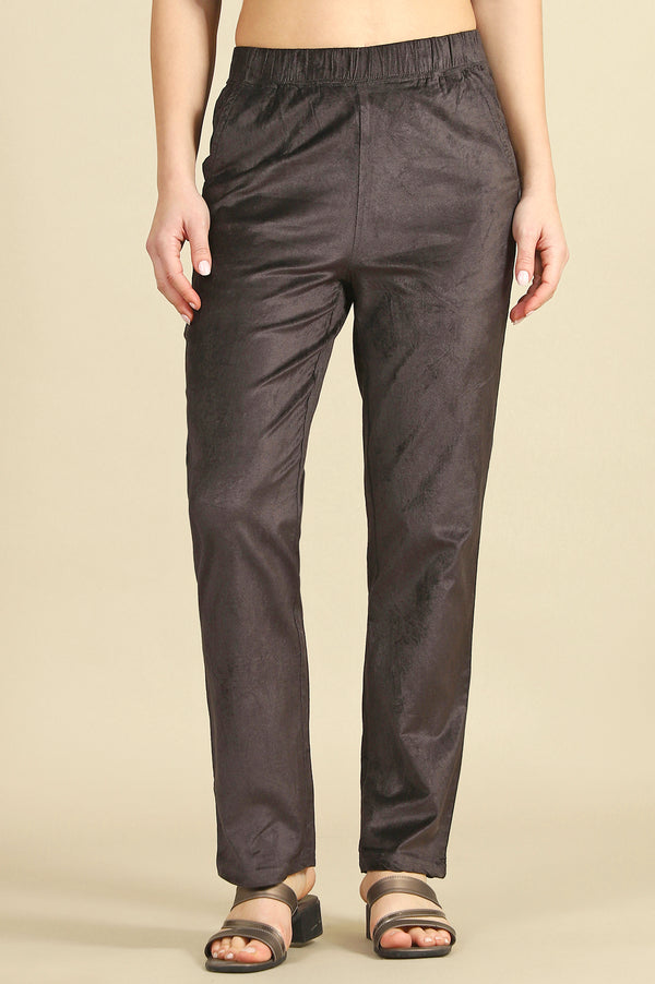 Brown Solid Straight-fit Cotton Pants with Slip-On Closure