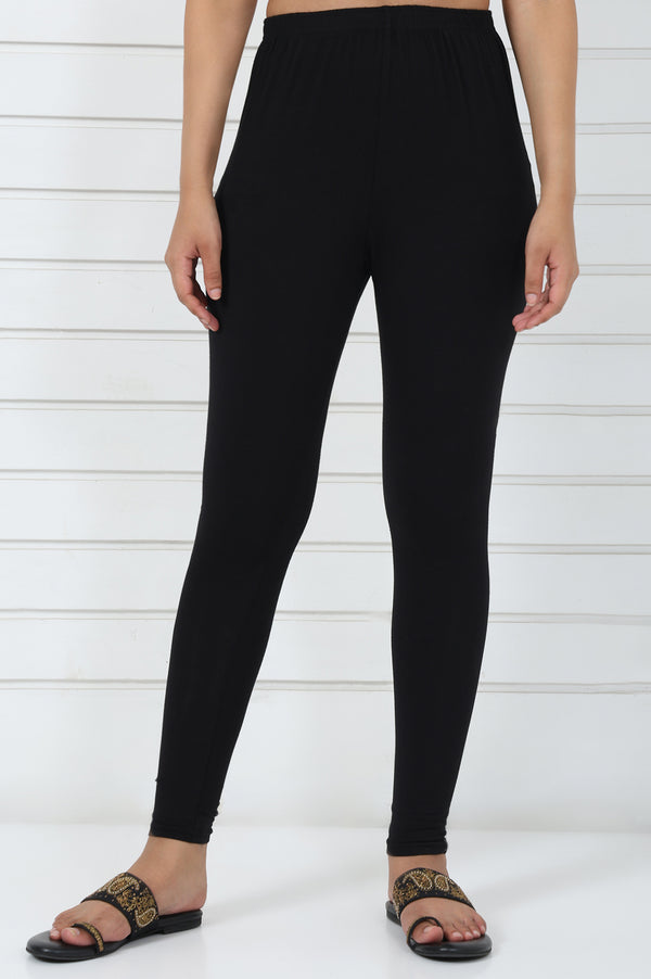 Elleven Women's Black Solid Cotton Lyrca Skinny Fit Tights