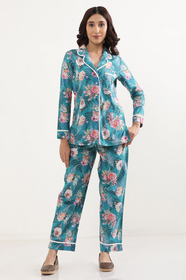 Elleven Women's Green Floral Printed Straight Fit Cotton Palazzo With Elasticated Waist