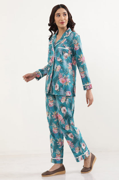 Green Floral Printed Straight Fit Cotton Palazzo With Elasticated Waist