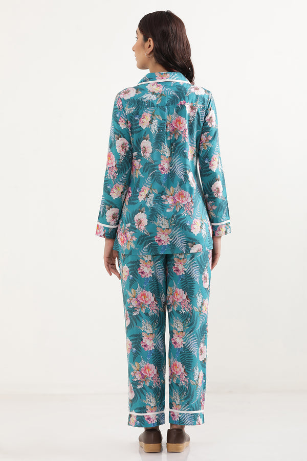 Elleven Women's Green Floral Printed Straight Fit Cotton Palazzo With Elasticated Waist
