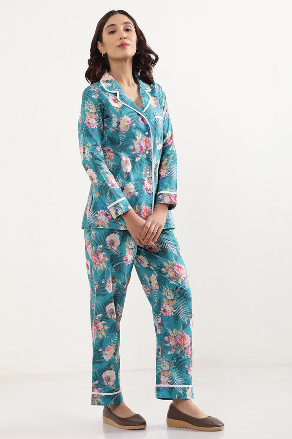 Elleven Women's Green Floral Printed Straight Fit Cotton Palazzo With Elasticated Waist