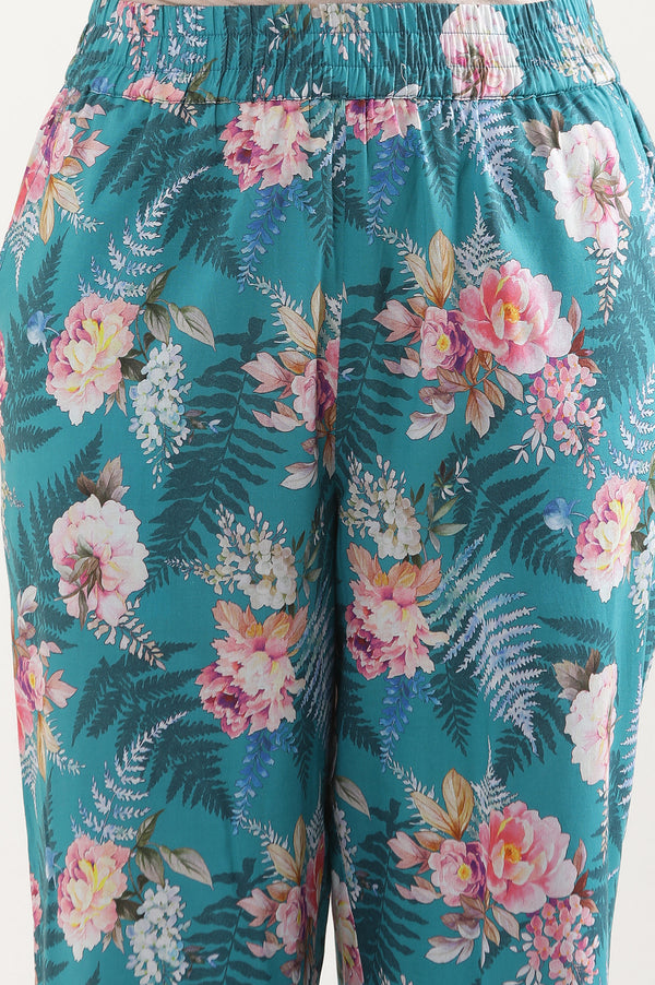 Elleven Women's Green Floral Printed Straight Fit Cotton Palazzo With Elasticated Waist