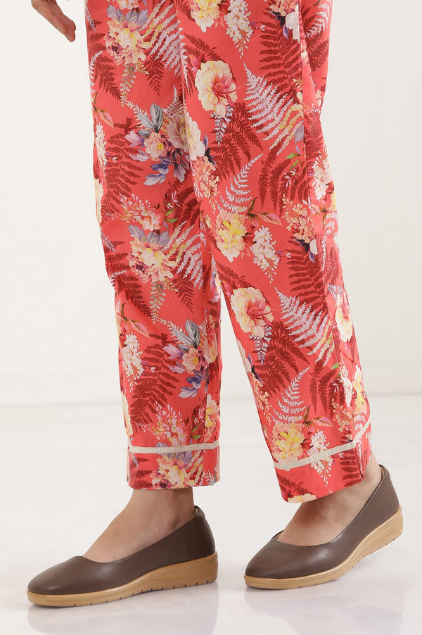 Elleven Women's Red Floral Printed Wide Leg Cotton Palazzo With Elasticated Waist