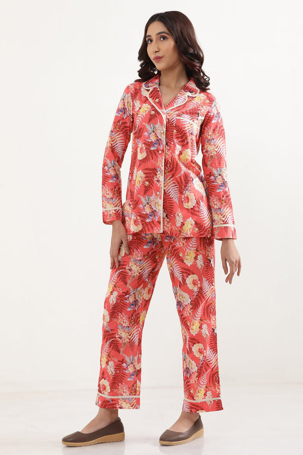 Elleven Women's Red Floral Printed Wide Leg Cotton Palazzo With Elasticated Waist