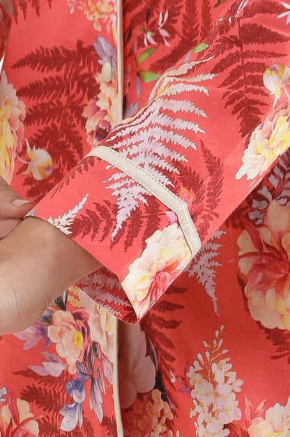 Red Floral Printed Wide Leg Cotton Palazzo With Elasticated Waist