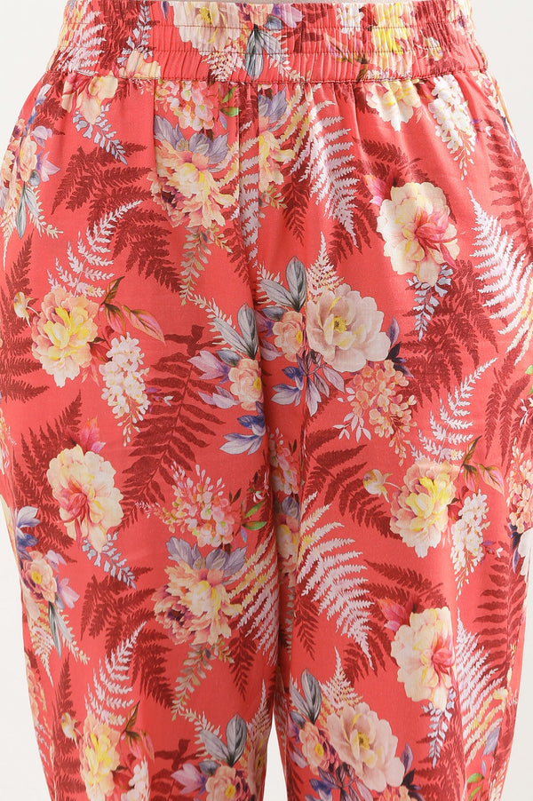Elleven Women's Red Floral Printed Wide Leg Cotton Palazzo With Elasticated Waist