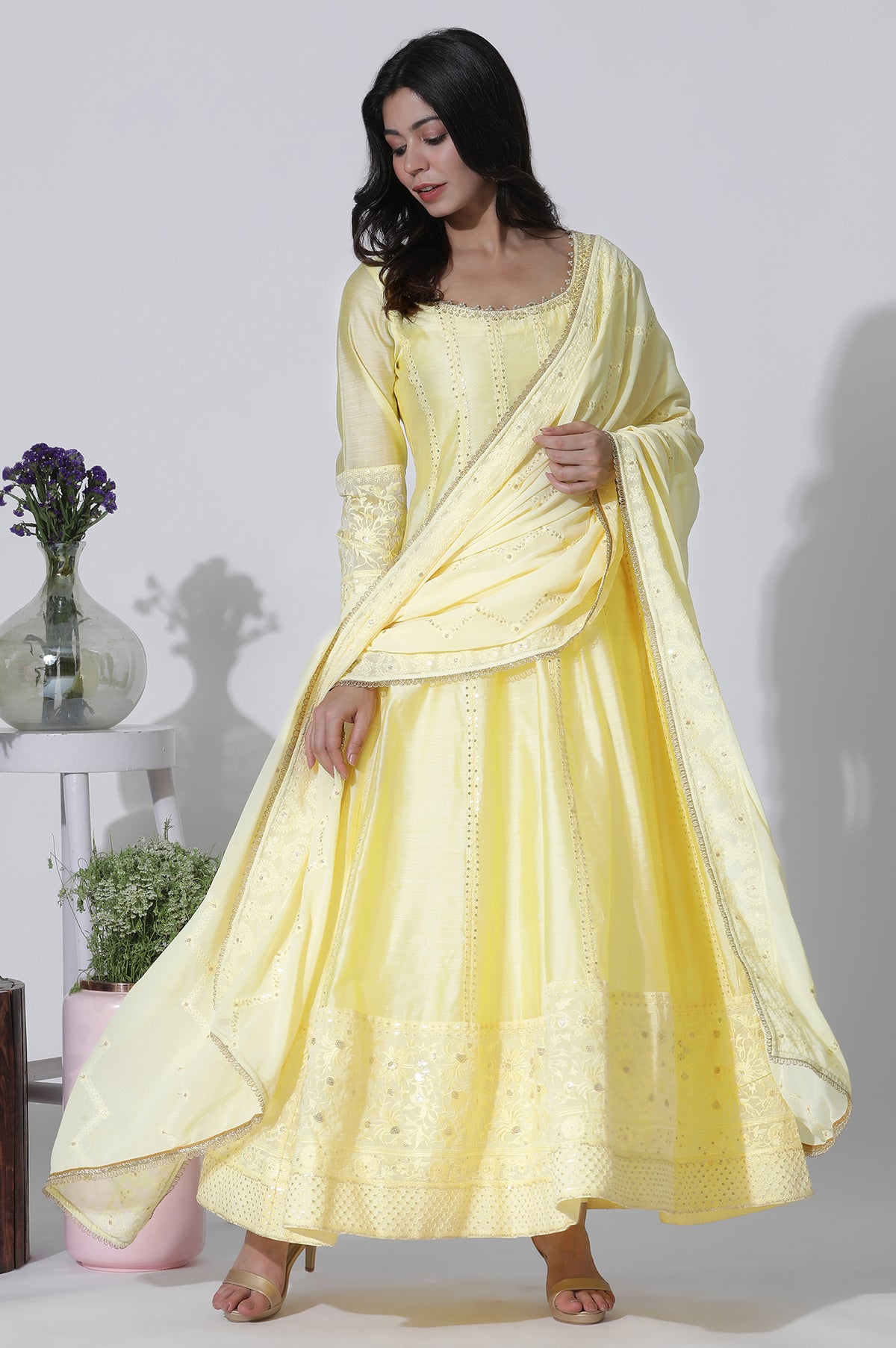 Yellow Chanderi Panelled Thread Work Anarkali Kurta, Churidar and Dupatta Set - S
