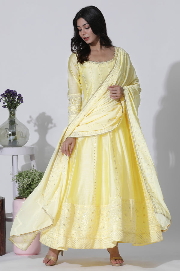 Yellow Chanderi Panelled Thread Work Anarkali Kurta, Churidar and Dupatta Set