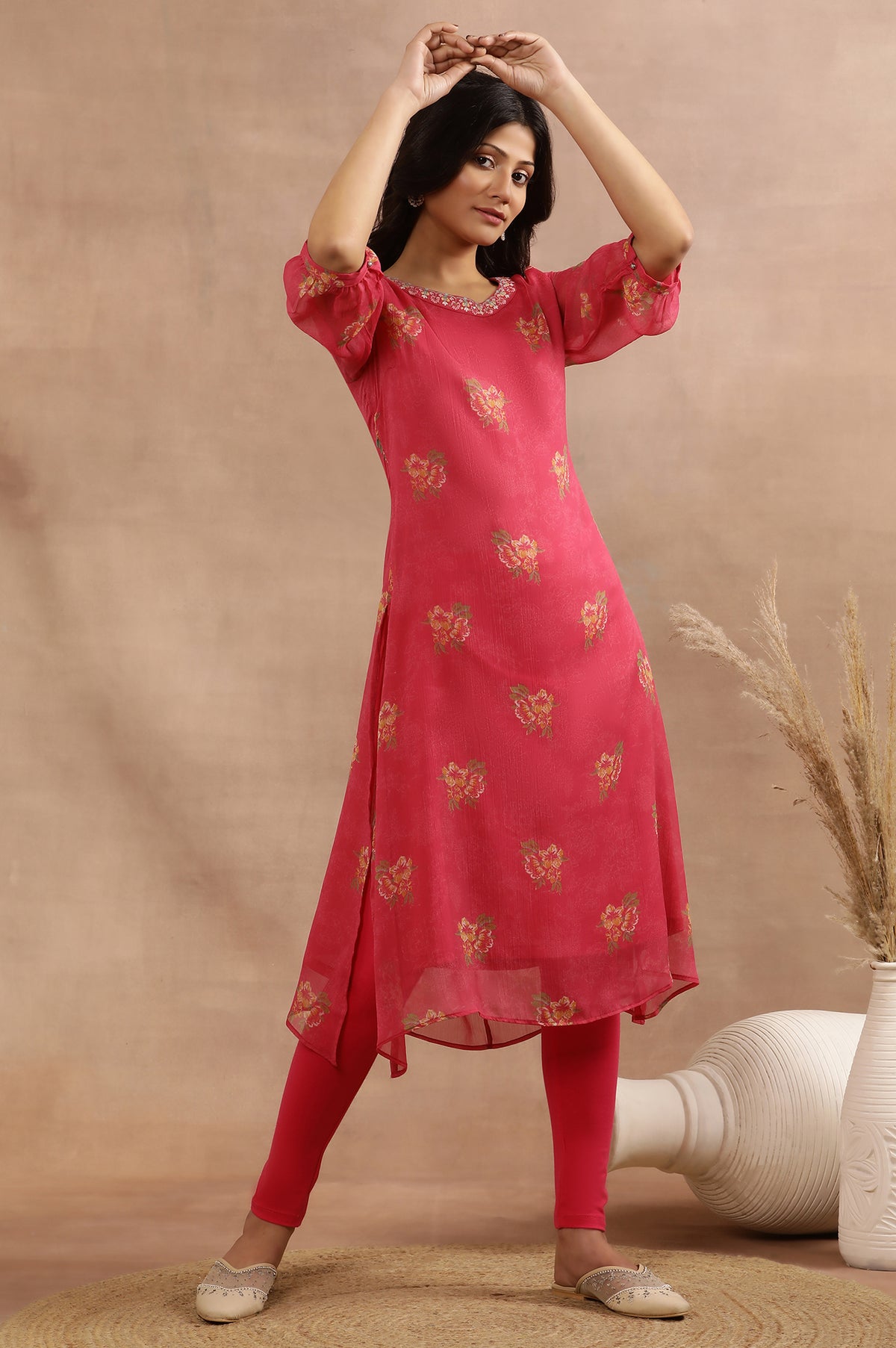 Pink Floral Printed A-Line Kurta With Embroidered Neck - XS
