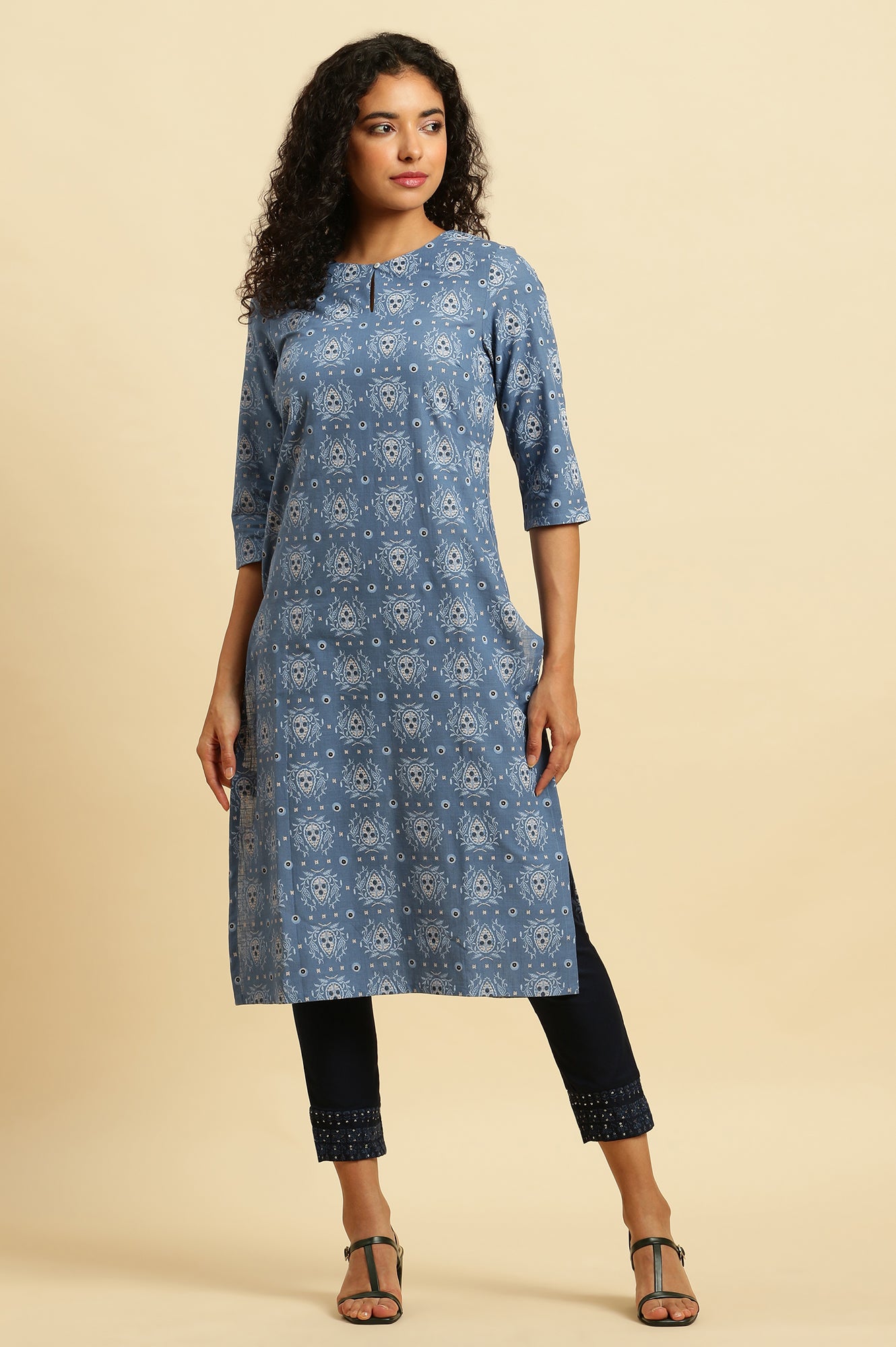 Blue Abstract Printed Cotton Kurta