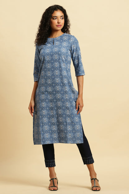 Blue Abstract Printed Cotton Kurta