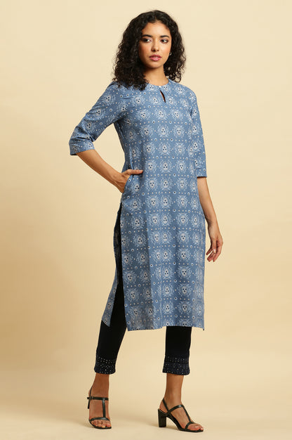 Blue Abstract Printed Cotton Kurta