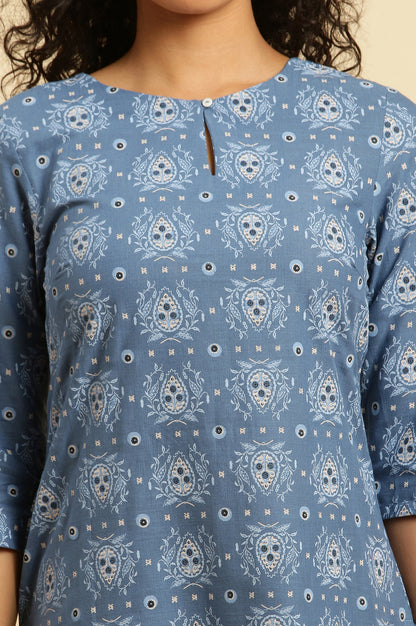 Blue Abstract Printed Cotton Kurta