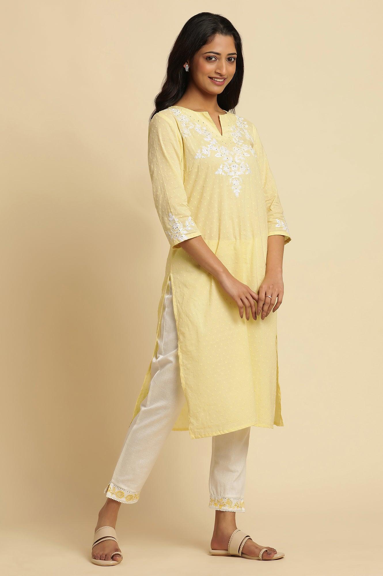 Lemon Yellow Embroidered Kurta - wforwoman