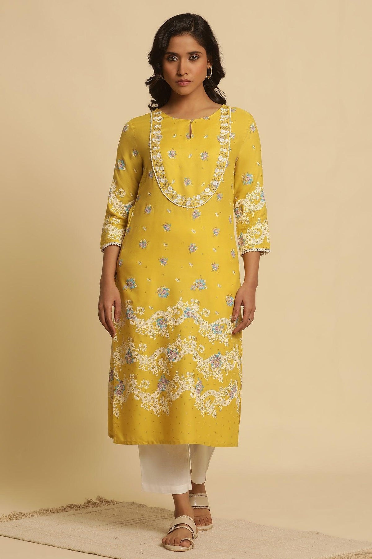 Yellow Floral Printed Kurta With Embroidery - S