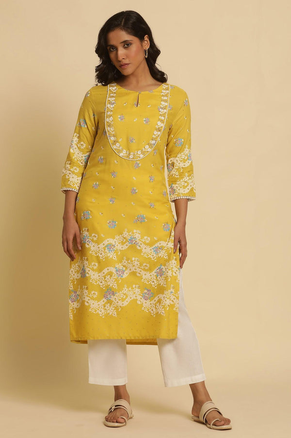 Yellow Floral Printed Kurta With Embroidery