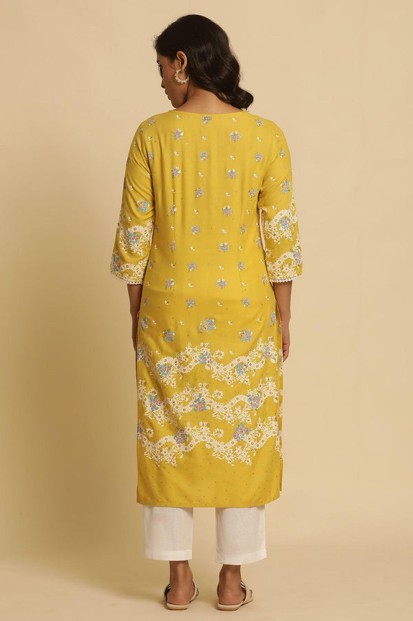 Yellow Floral Printed Kurta With Embroidery
