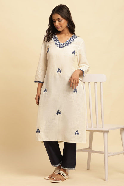 White Straight Kurta With Blue Embroidery - wforwoman