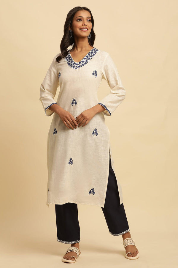 White Straight Kurta With Blue Embroidery