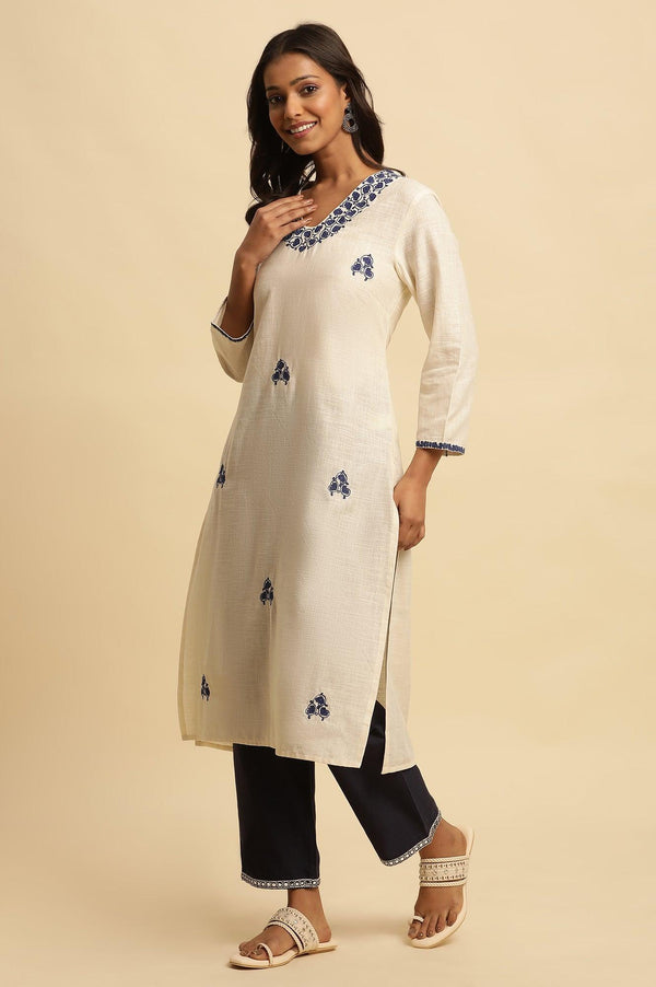 White Straight Kurta With Blue Embroidery