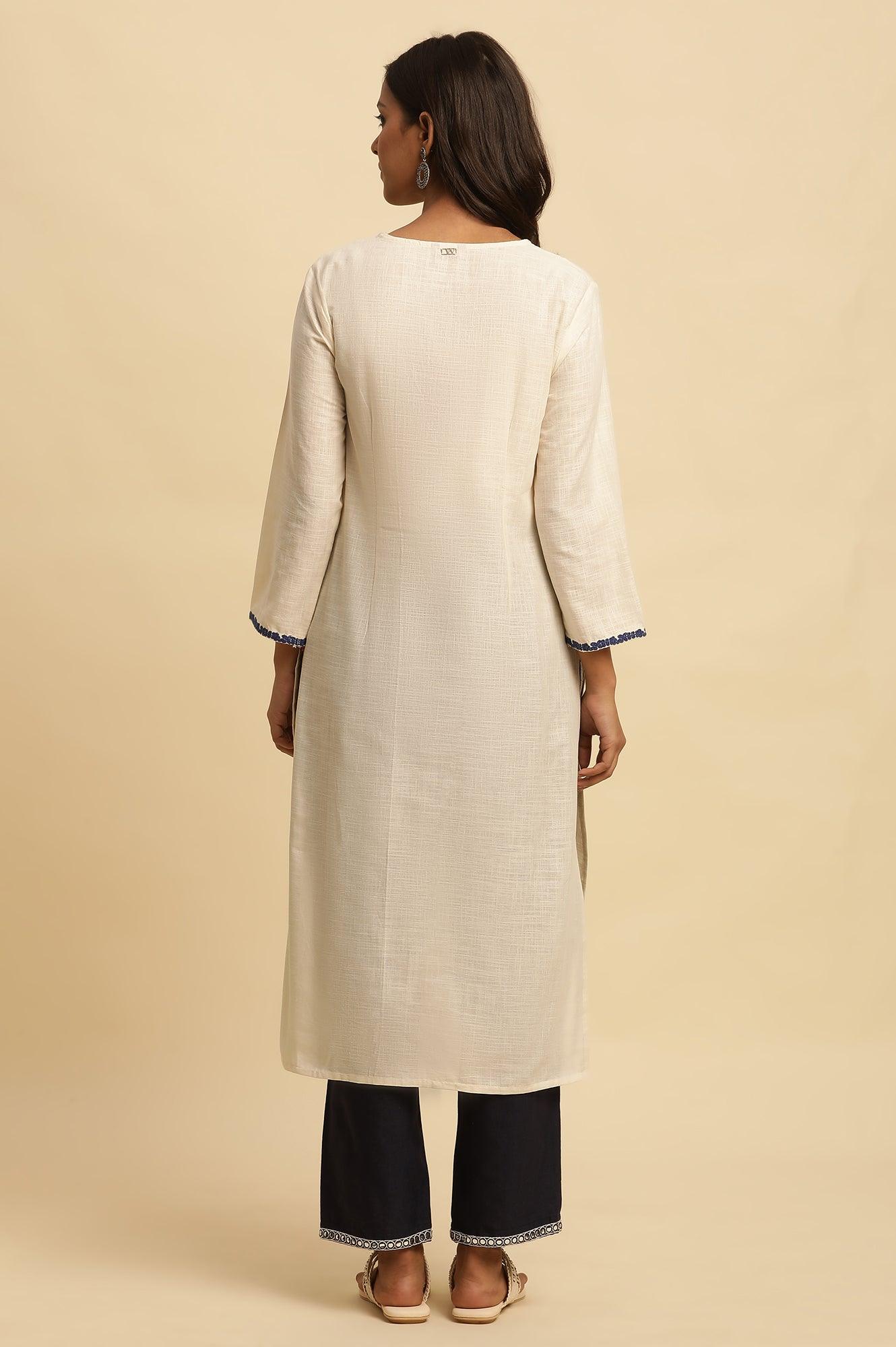 White Straight Kurta With Blue Embroidery - wforwoman