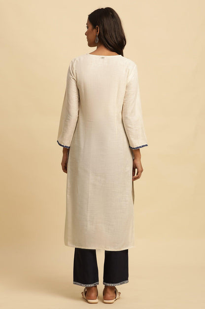 White Straight Kurta With Blue Embroidery - wforwoman