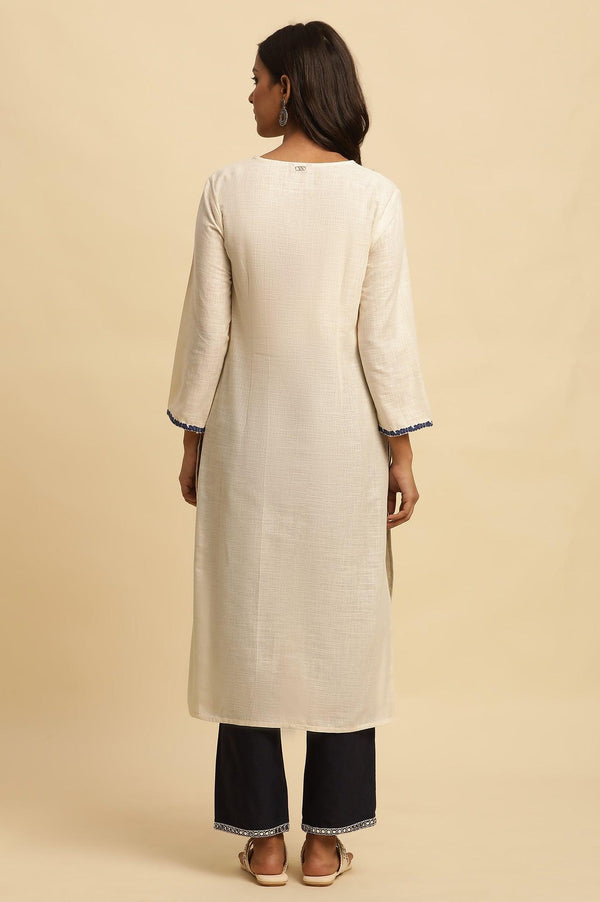 White Straight Kurta With Blue Embroidery