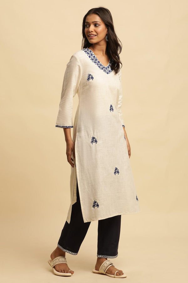 White Straight Kurta With Blue Embroidery