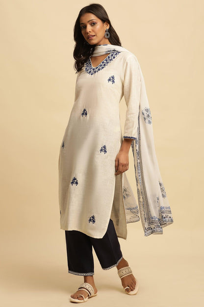 White Straight Kurta With Blue Embroidery - wforwoman