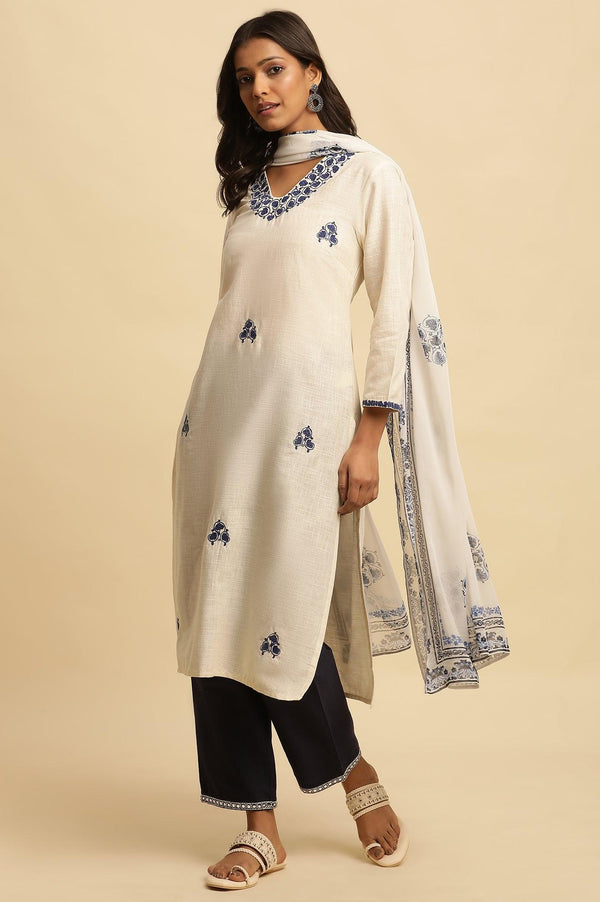 White Straight Kurta With Blue Embroidery