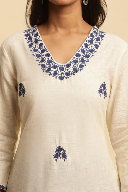 White Straight Kurta With Blue Embroidery - wforwoman