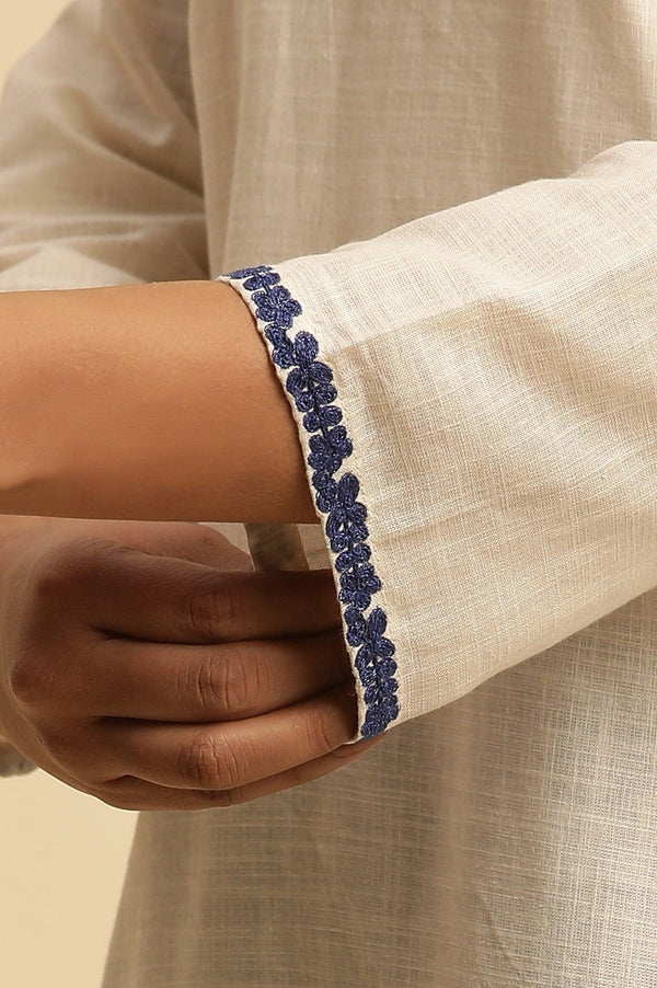 White Straight Kurta With Blue Embroidery