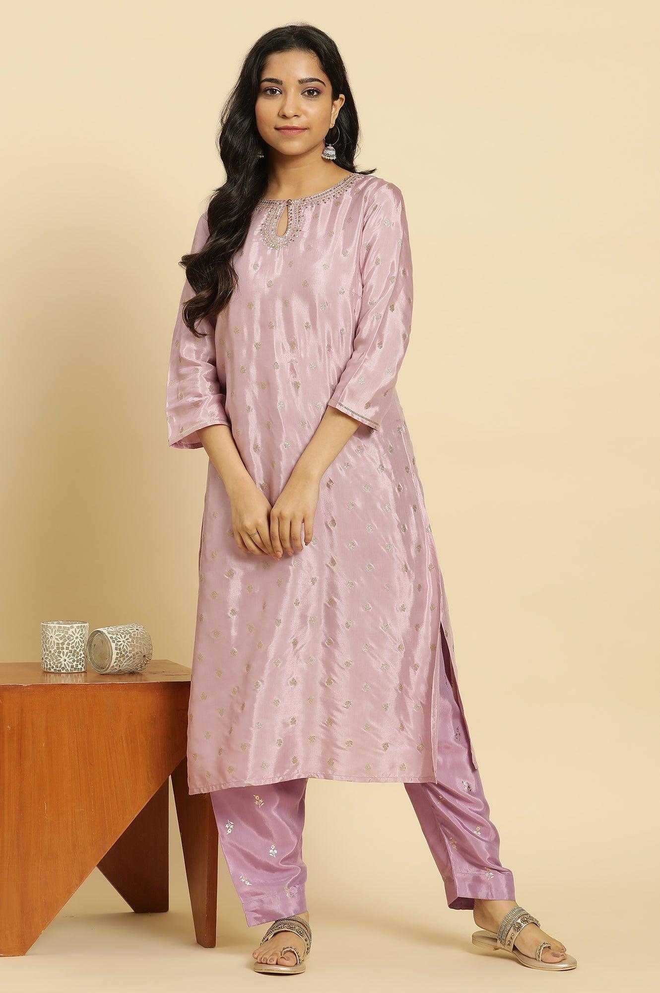 Purple Glitter Printed And Embroidered Kurta - wforwoman