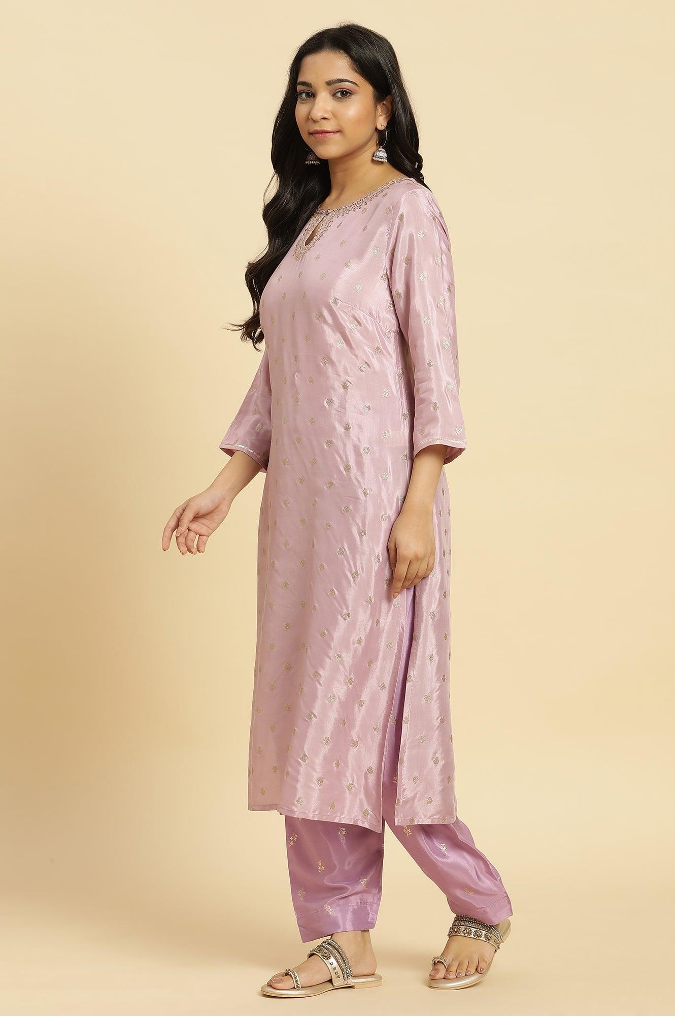 Purple Glitter Printed And Embroidered Kurta - wforwoman