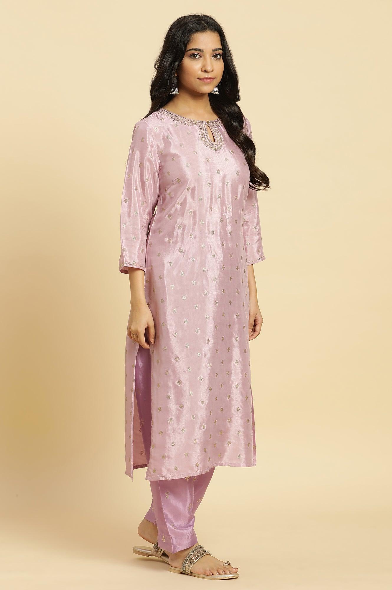 Purple Glitter Printed And Embroidered Kurta - wforwoman