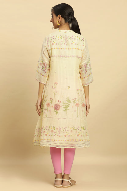 Yellow Floral Printed A-Line Kota Kurta