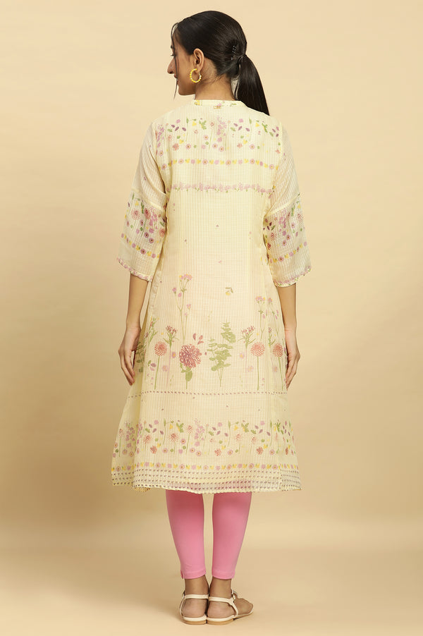 Yellow Floral Printed A-Line Kota Kurta