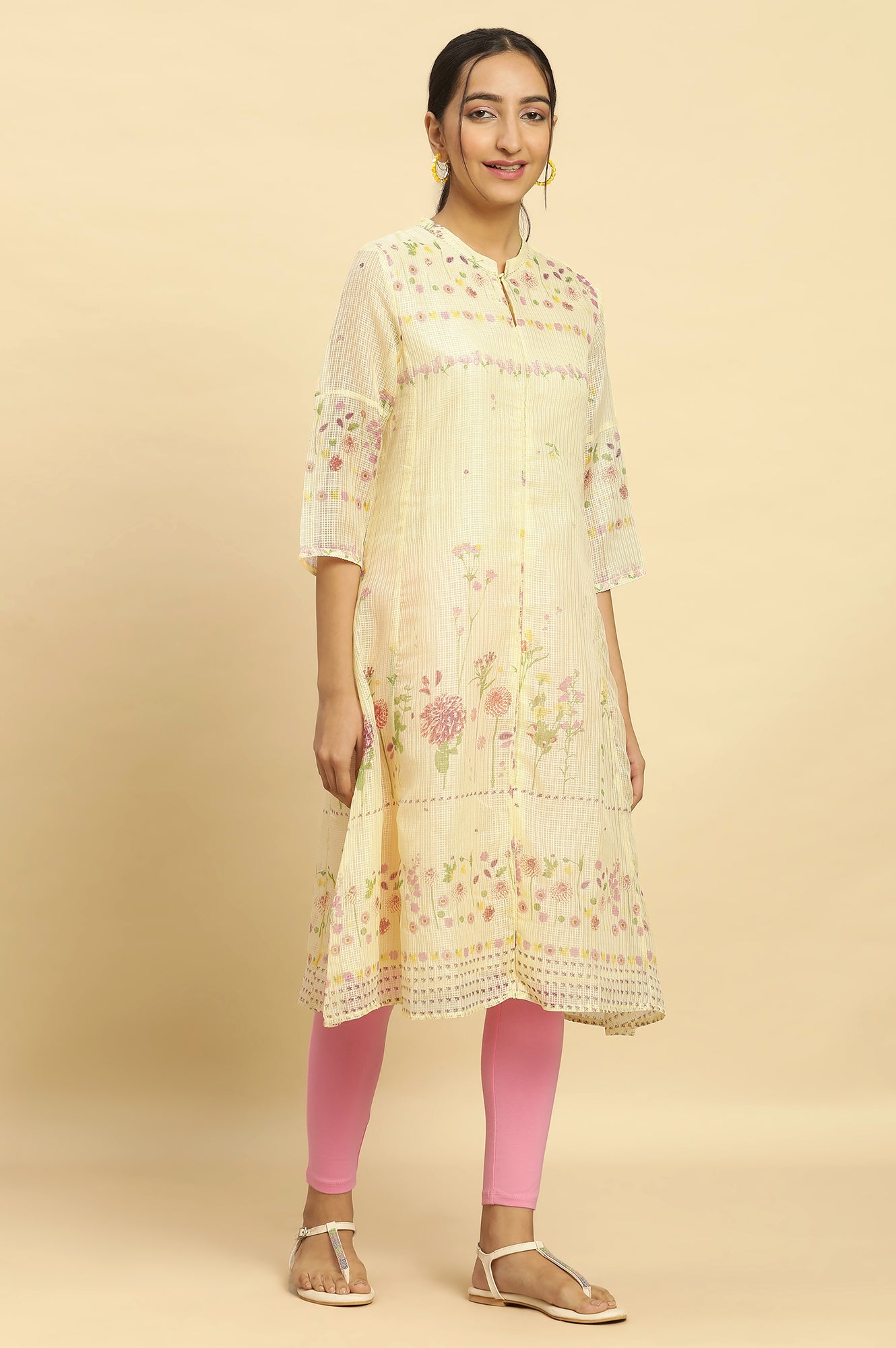 Yellow Floral Printed A-Line Kota Kurta