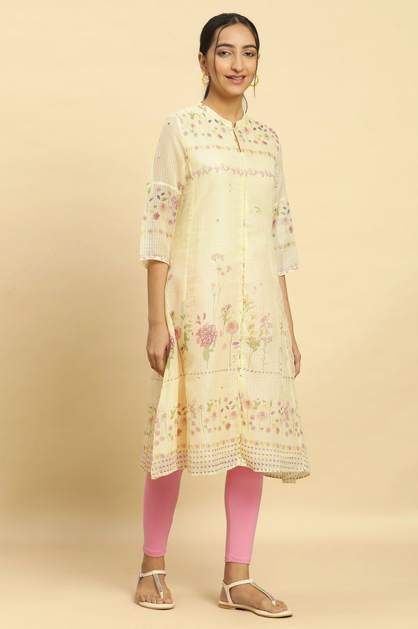 Yellow Floral Printed A-Line Kota Kurta