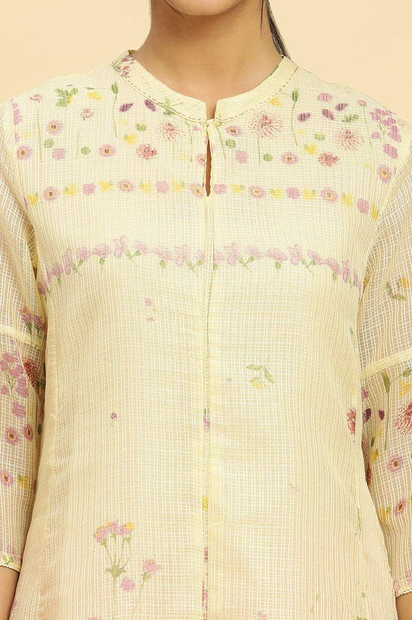 Yellow Floral Printed A-Line Kota Kurta