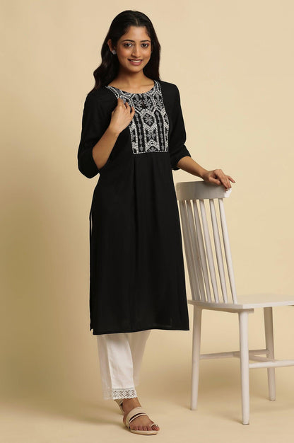 Navy Blue Thread Embroidered Kurta - wforwoman