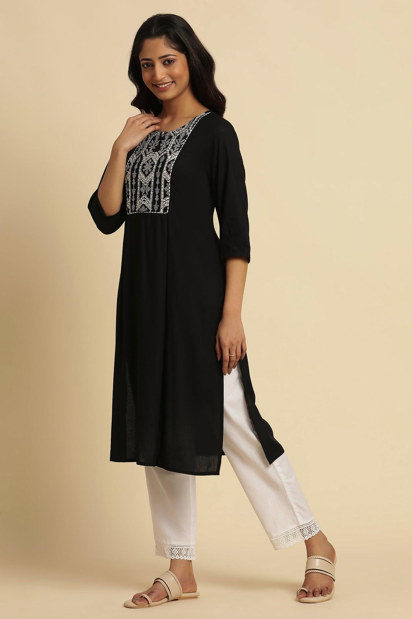 Navy Blue Thread Embroidered Kurta - wforwoman