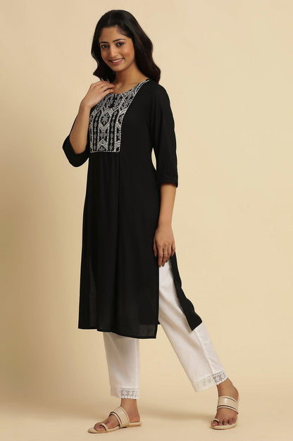 Navy Blue Thread Embroidered Kurta - wforwoman