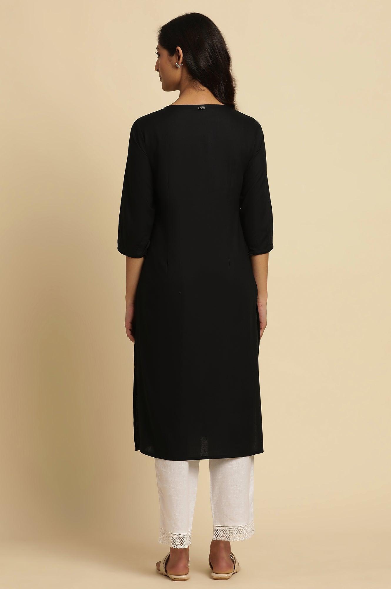 Navy Blue Thread Embroidered Kurta - wforwoman