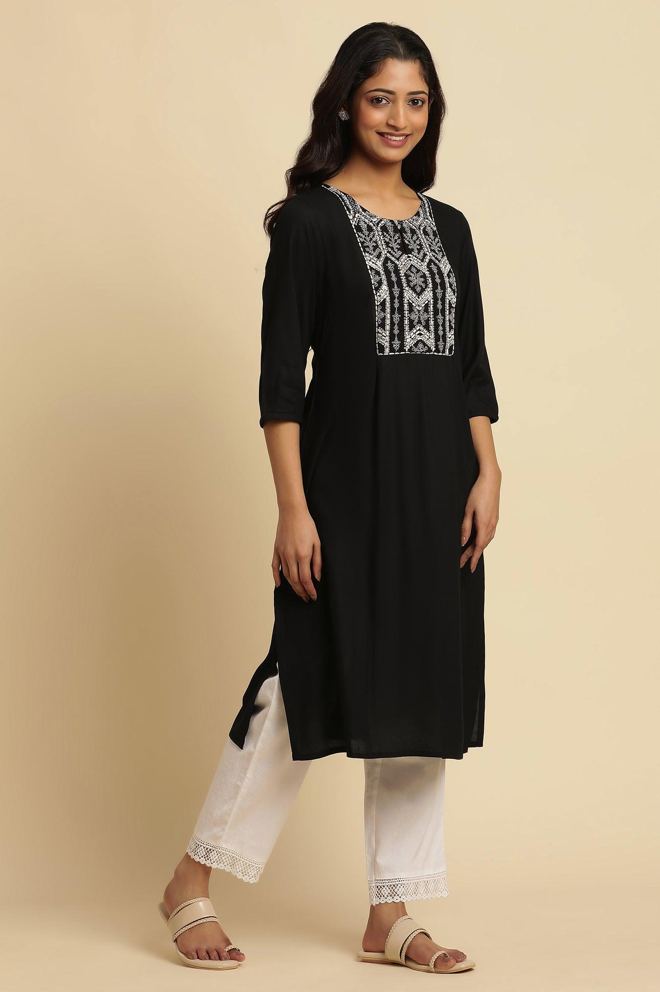 Navy Blue Thread Embroidered Kurta - wforwoman