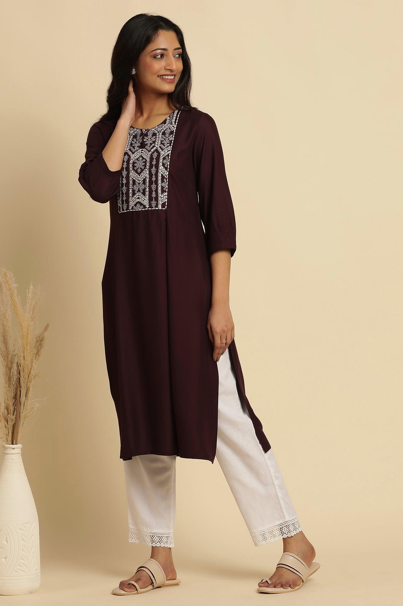 Purple Thread Embroidered Kurta - wforwoman