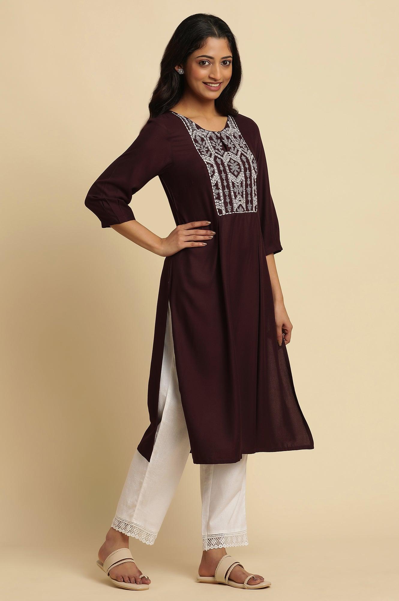 Purple Thread Embroidered Kurta - wforwoman