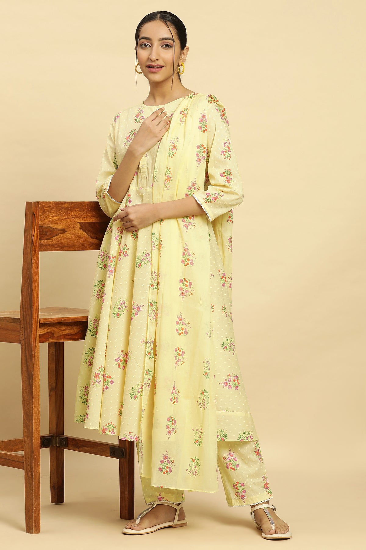 Yellow Floral Printed Flared Kurta, Pants And Dupatta Set - XS